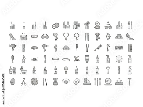 Cosmetic Collection: A comprehensive collection of beauty and cosmetic essentials, each meticulously illustrated to showcase a wide array of products used for personal care and enhancement.