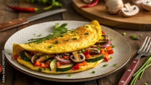 Wallpaper Mural Delicious omelet filled with fresh vegetables like mushrooms, zucchini, peppers, and onions, served on a rustic wooden table with herbs and spices Torontodigital.ca