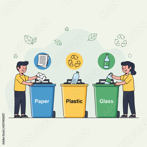 People sorting waste for recycling with paper, plastic, and glass into recycle bins. Waste management involves separating waste for recycling, promoting environmental protection and sustainability,