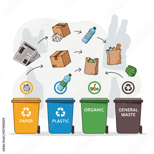 Sorting waste into different colorful bins for recycling environmental conservation effort. Sorting waste to reduce environmental pollution,