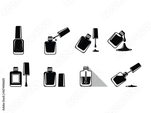 Nail Polish Illustration: An artistic display showcasing various perspectives of nail polish bottles, brush, and splash. The graphic art provides a stylish view of nail polish.
