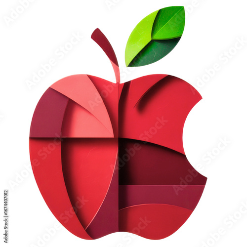 Modern abstract red apple design with vibrant green leaf and layered dimensional texture