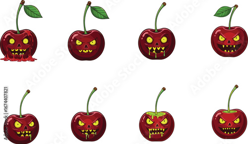 Cartoon horror cherries with monstrous faces, sharp teeth, glowing eyes, dripping juice, Halloween fruit concept for spooky vector illustration design