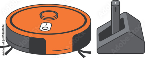 A modern vector illustration of a sleek robotic vacuum cleaner and its charging dock, in vibrant orange and gray, symbolizing smart home automation and daily convenience.