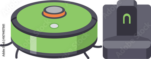 A modern vector illustration of a smart robotic vacuum cleaner and its charging dock station, symbolizing home automation, convenience, and futuristic cleaning for homes.