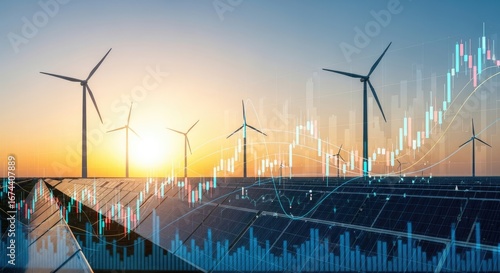 Wind Turbines and Solar Panels with Stock Market Chart Overlay at Sunset