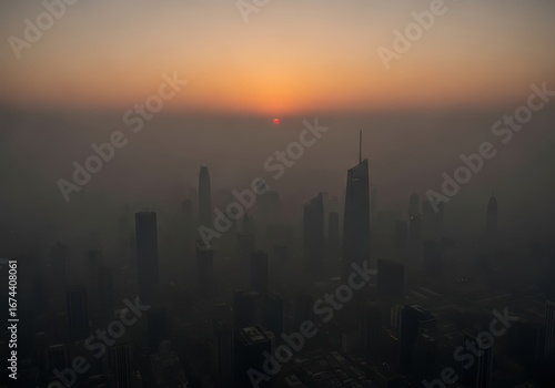 Sunrise Over a Foggy Cityscape Urban Skyline Emerging From Mist