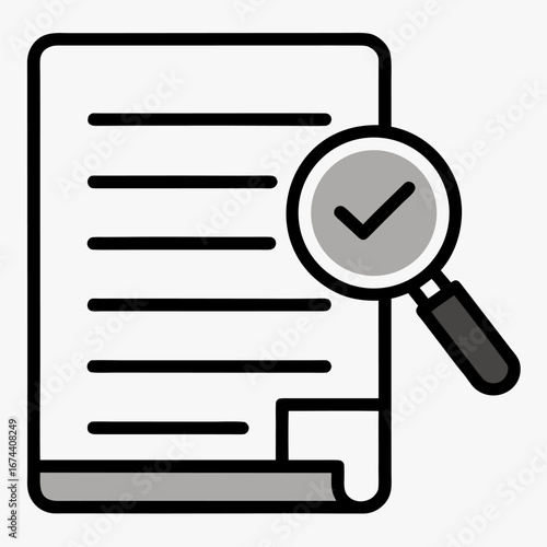 Document Verification Icon with Check Mark and Magnifying Glass - Review, Approval, Audit Symbol