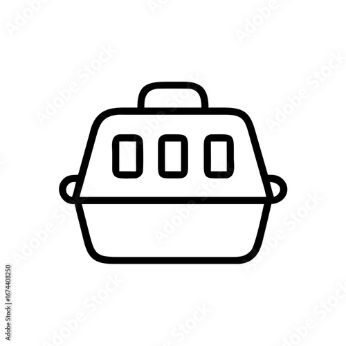 Minimalist black outline vector icon of a pet carrier, symbolizing animal transport, and travel with pets. Isolated on a transparent background