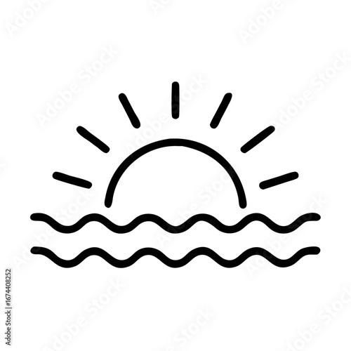 Minimalist black outline vector icon of a sun rising over ocean waves, symbolizing morning. Isolated on a transparent background