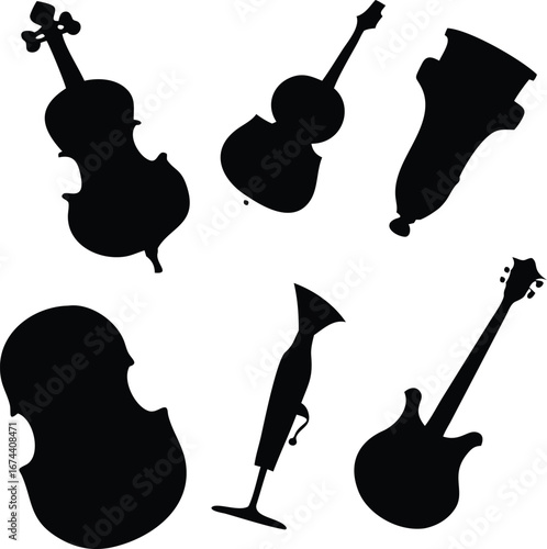 A Collection of Silhouetted Musical Instruments Depicts Diverse Range From Classical Strings to a Modern Electric Guitar