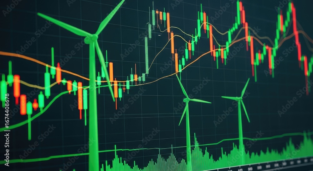 Fototapeta premium Wind Turbines with Candlestick Chart Overlay on Dark Background Showcasing Trends