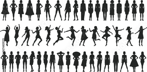 Vector silhouettes of a walking business crowd, including men, women, and children, in various poses