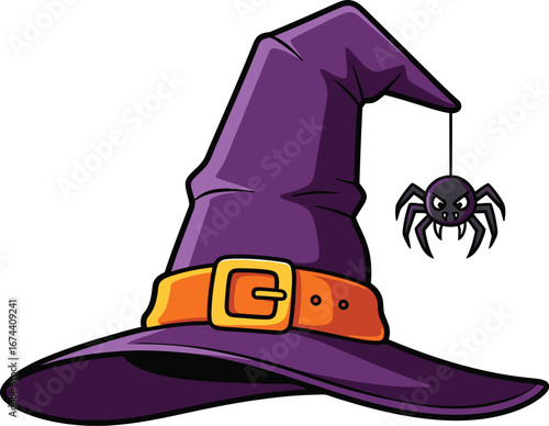Cartoon witch hat with a spider hanging from the tip isolated on white background