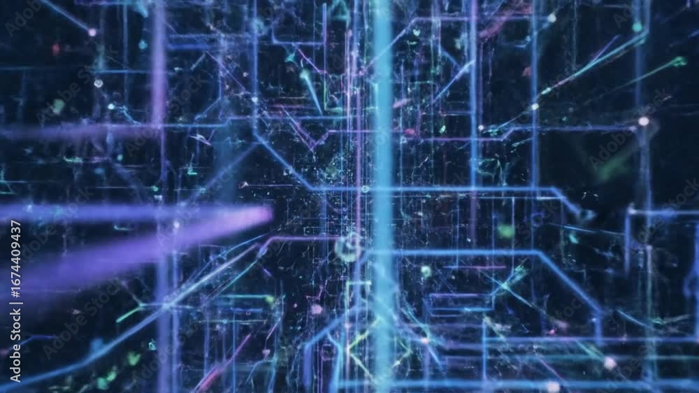 Abstract digital network of glowing blue and purple lines and nodes, representing data flow and connectivity. Abstract digital network of glowing blue and purple lines and nodes, representing data flow and connectivity.