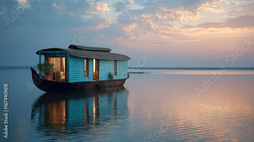 Peaceful houseboat on a calm lake at sunset
