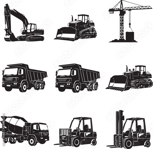 Construction Vehicle Silhouettes Variety of Heavy Machinery in Black and White Outlines for Projects and Designs