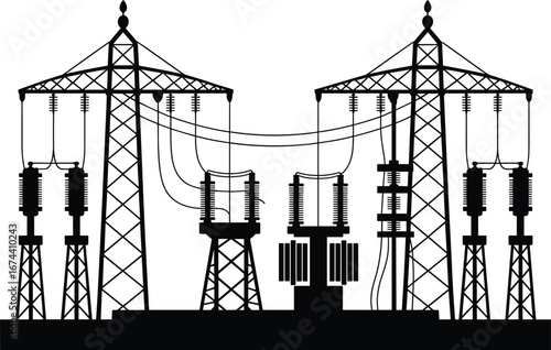 High voltage electrical substation silhouette, power transmission infrastructure, energy distribution network with transformers and insulators, black white vector industrial illustration design