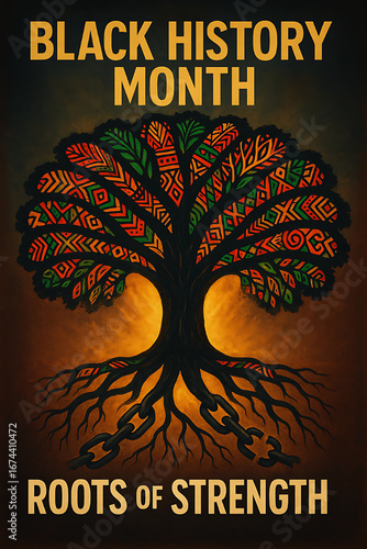 Inspirational Black History Month poster featuring a symbolic tree with broken chain roots and colorful African patterns. The design highlights resilience, unity, and cultural heritage. Ideal for awar