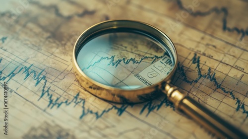 Magnifying glass on antique stock market chart, analyzing financial data and trends.