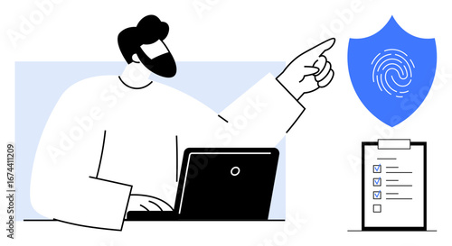 Person using laptop gestures toward shield with fingerprint icon and a checklist. Ideal for cybersecurity, authentication, compliance, technology, data protection, identity verification, privacy