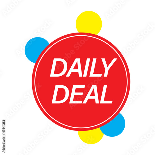 Bright red circular daily deal badge with floating colorful dots announcing savings