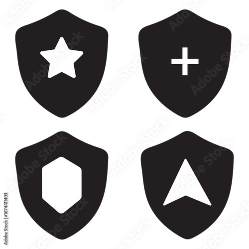 Shield Icons Set with Star, Plus, Arrow & Geometric Shapes | Minimalist Vector Graphics