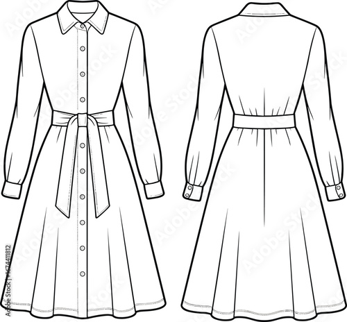 Long sleeve button front dress with waist tie belt, shirt collar, flared skirt, fashion apparel design, cad drawing flat vector illustration