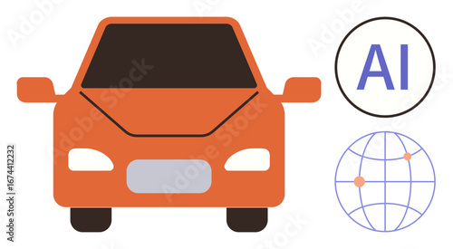 Orange car representing autonomous driving, AI label, and globe indicating global technology networks. Ideal for technology, AI, transportation, global networks, innovation, automation and mobility