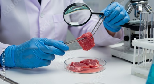 Scientist Examining Raw Meat Sample in Laboratory with Petri Dish, Tweezers, and Microscope for Food Safety and Quality Control Research