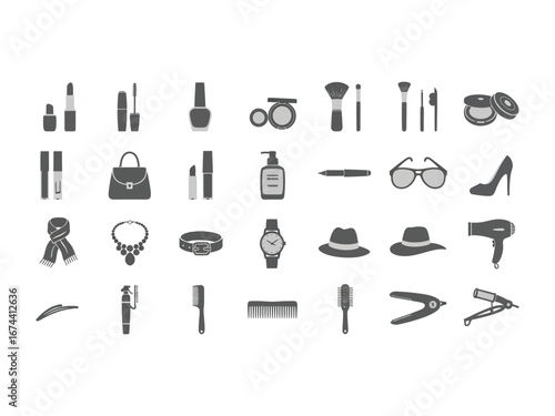 Style Icons Array: A meticulously crafted array of stylish fashion icons showcases a variety of elegant accessories and essentials, offering a visual representation of style, beauty and adornment.