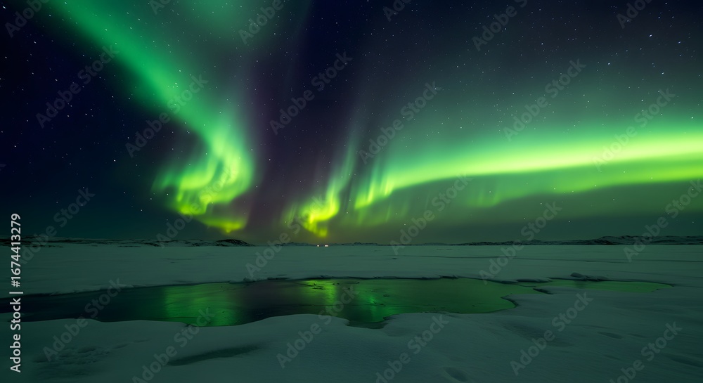 Naklejka premium Arctic Aurora Borealis: Vibrant Green Lights Reflecting on Icy Winter Lake at Night