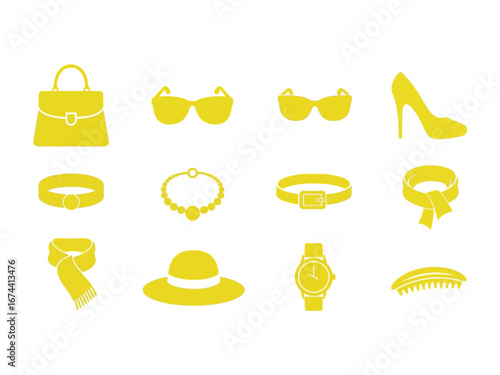 Luxury Accessories Collection: A stylish collection of iconic accessories, depicted in a chic minimalist graphic, is essential for any wardrobe, elevating both style and function.