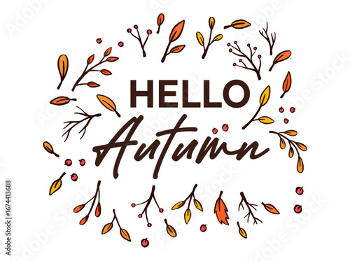 Bright Hello autumn background with colorful fall leaves, maple, and oak branches. Perfect seasonal vector design and illustration for banners, wallpapers, Thanksgiving, and nature-themed projects.