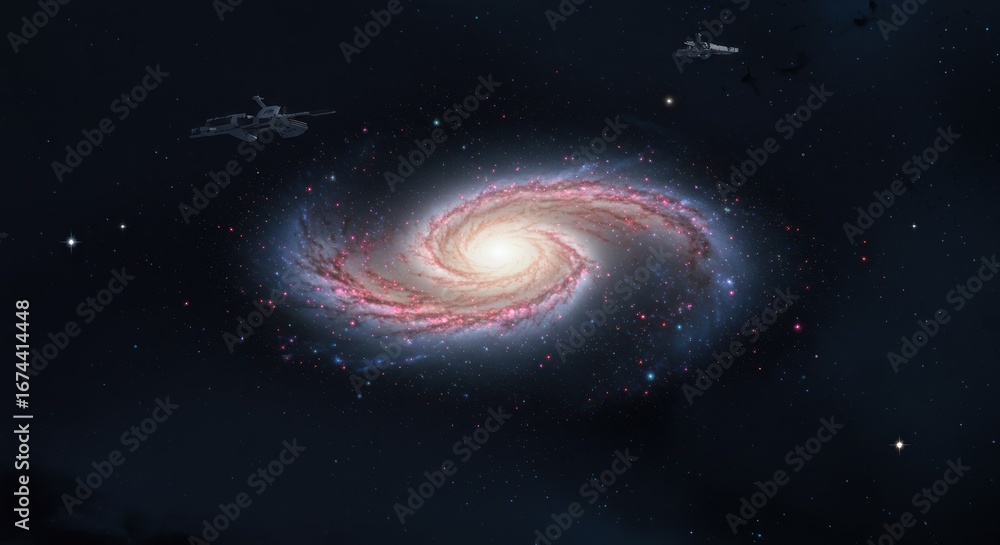 Obraz premium Two spaceships fly past a swirling spiral galaxy