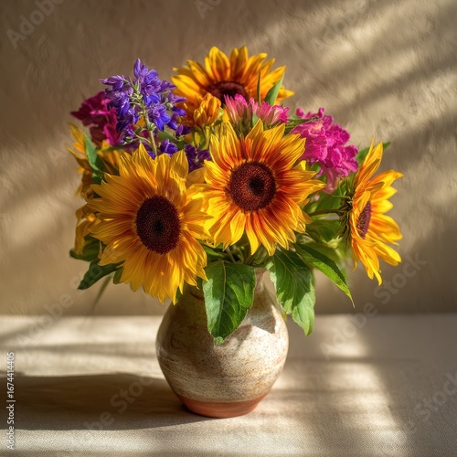 Wallpaper Mural Vibrant Sunflower Bouquet in Ceramic Vase with Pink and Purple Flowers Torontodigital.ca