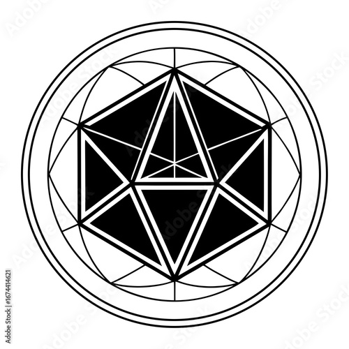 Intricate geometric symbol featuring an octahedron within concentric circles and triangles