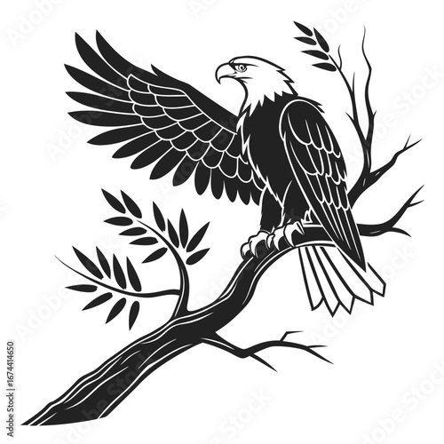 Majestic bald eagle perched on a branch with wings spread in a black and white illustration