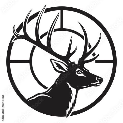 Majestic stag silhouette centered within a stylized target reticle design
