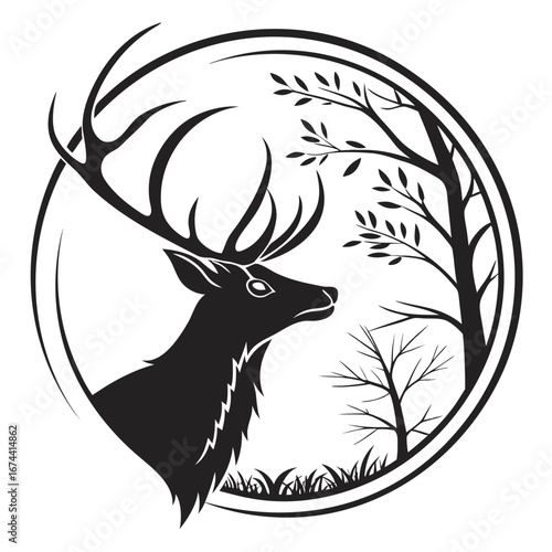 Majestic stag with antlers in a circular forest scene emblem