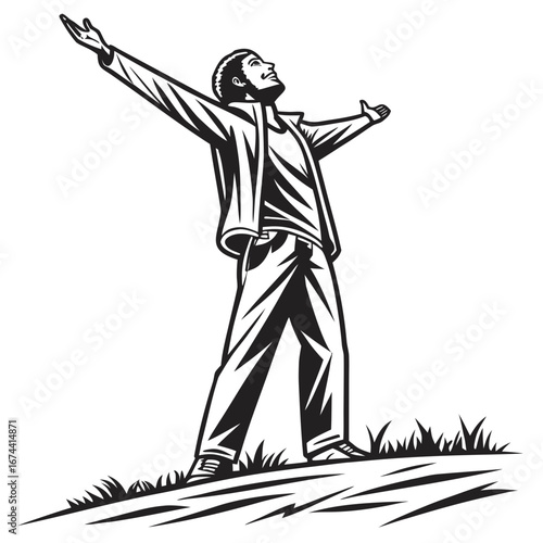 Man with arms outstretched in triumph on a grassy hill