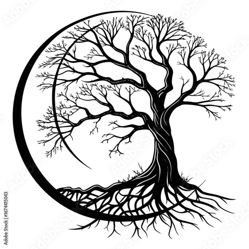 Striking black silhouette of a bare tree with intricate roots encased in a crescent moon shape