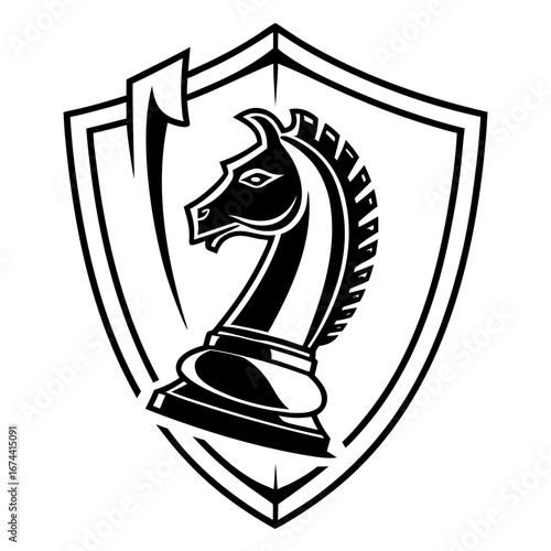 Stylized black and white chess knight emblem on a shield background