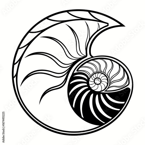 Stylized black and white nautilus shell spiral design with organic flowing lines