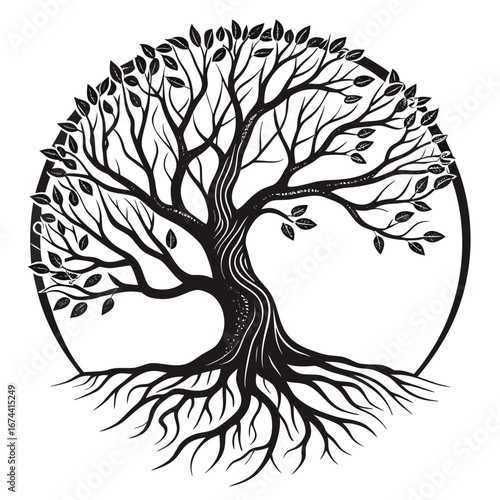 Stylized black and white tree of life with intricate roots and branches within a circle