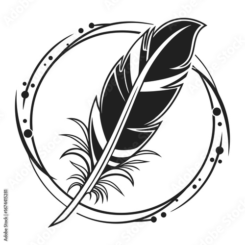 Stylized black feather emblem with circular design and decorative dots