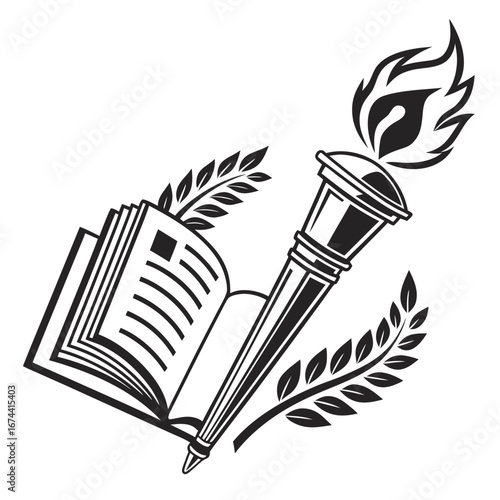 Symbol of knowledge and enlightenment torch open book and laurel branches