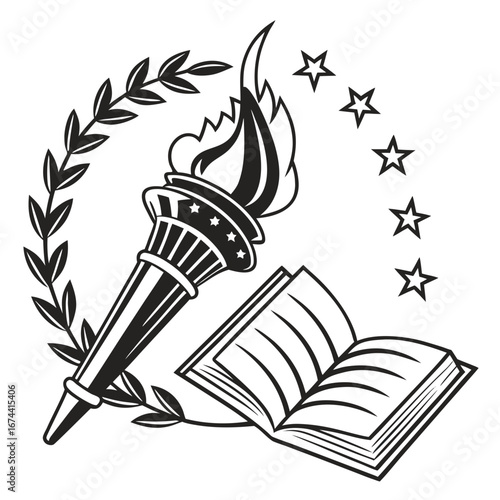 Symbol of knowledge and enlightenment torch book laurel wreath and stars