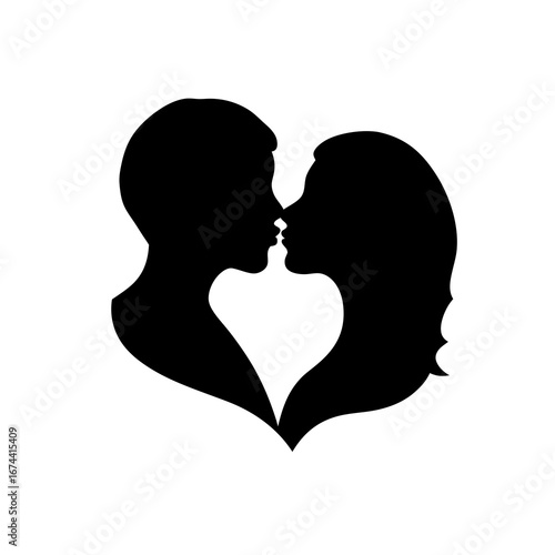 Silhouette of a kissing couple in a heart shape, representing love
