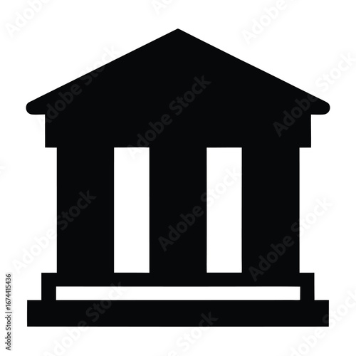 Simplified black and white building icon featuring a classical architectural style